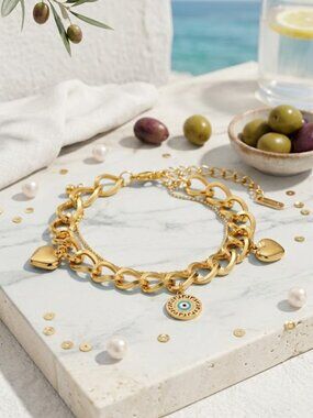 Double Chain 18K Gold Plated Heart Evil Eye Charm Bracelet Chunky Adj 6-8.5"